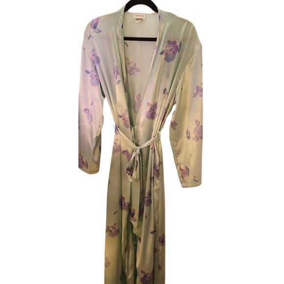 Vintage Jones New York Floral Icy Blue Satin Long Length Silky Robe, Size Large - Picture 1 of 7